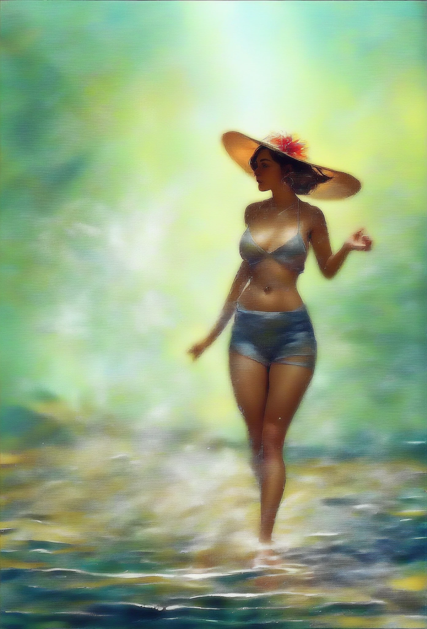 Full figured African-American female
Scene: Imagine a vibrant beach scene with clear blue skies and turquoise water lapping at the shore. Palm trees sway gently in the breeze.
Model: She's let loose and is twirling on the beach with her arms outstretched, catching the sunlight. Her hair flows freely in the motion, showcasing her playful side.
Attire: She's wearing a flowy sarong dress in a tropical print with palm leaves or flowers. The dress should be made of a lightweight, breathable fabric like chiffon and features a bold, eye-catching print that complements her skin tone and the beach setting.
Accessories: To complete the look, she can accessorize with a pair of statement earrings and a few colorful bangles. Opt for waterproof accessories to avoid any mishaps on the beach.