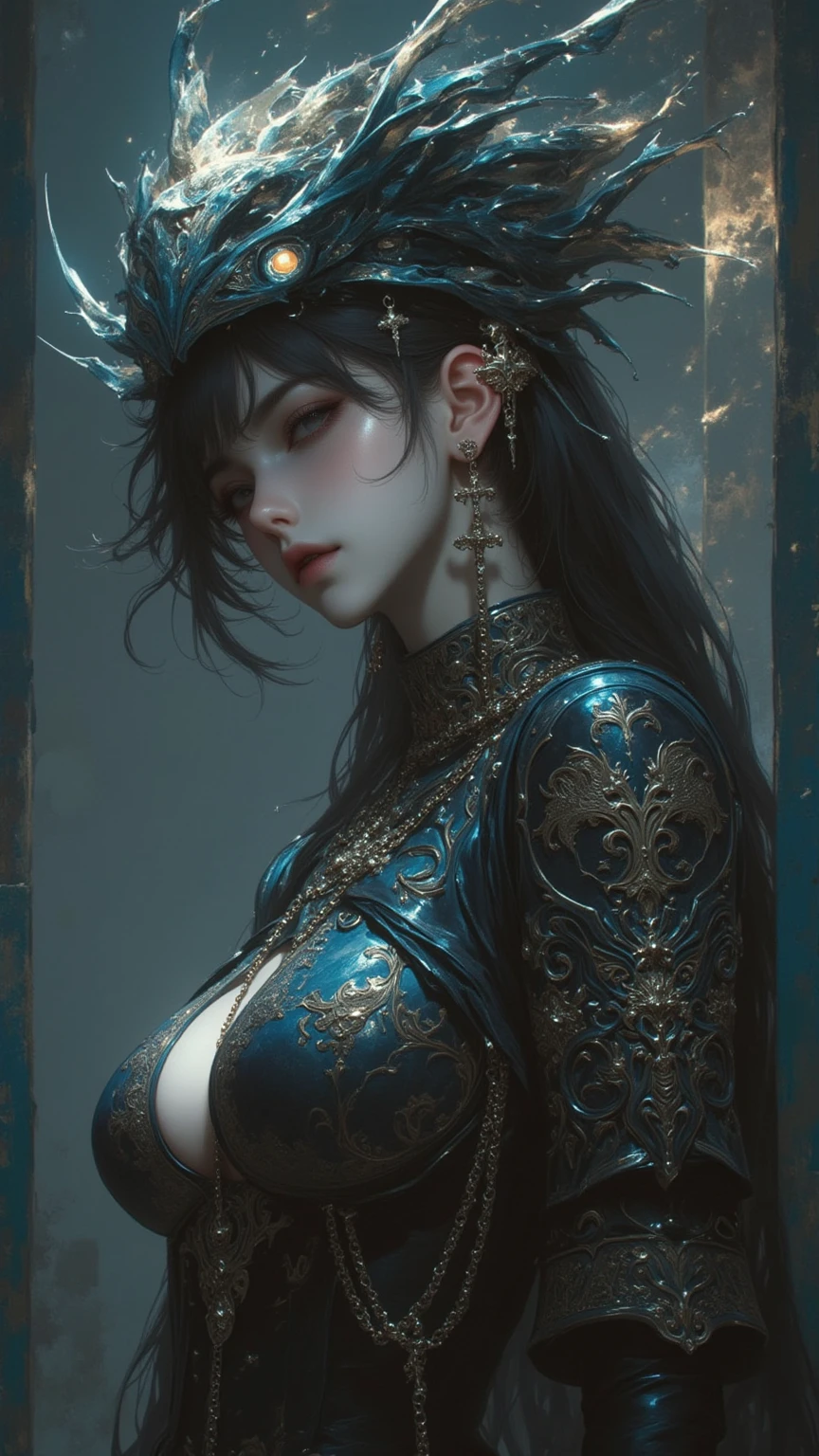 Create a photo realistic hyper realistic heavily tattooed chinese, perfect face, thin curved natural eyebrows, long luscious eyelashes, black eyeliner, black eye shadow, curved lips, bright lipstick, long luscious natural hair, black lace choker collar, golden ratio body, black corset, black thong, sitting in a bed one and in hair the other hand over mouth,
