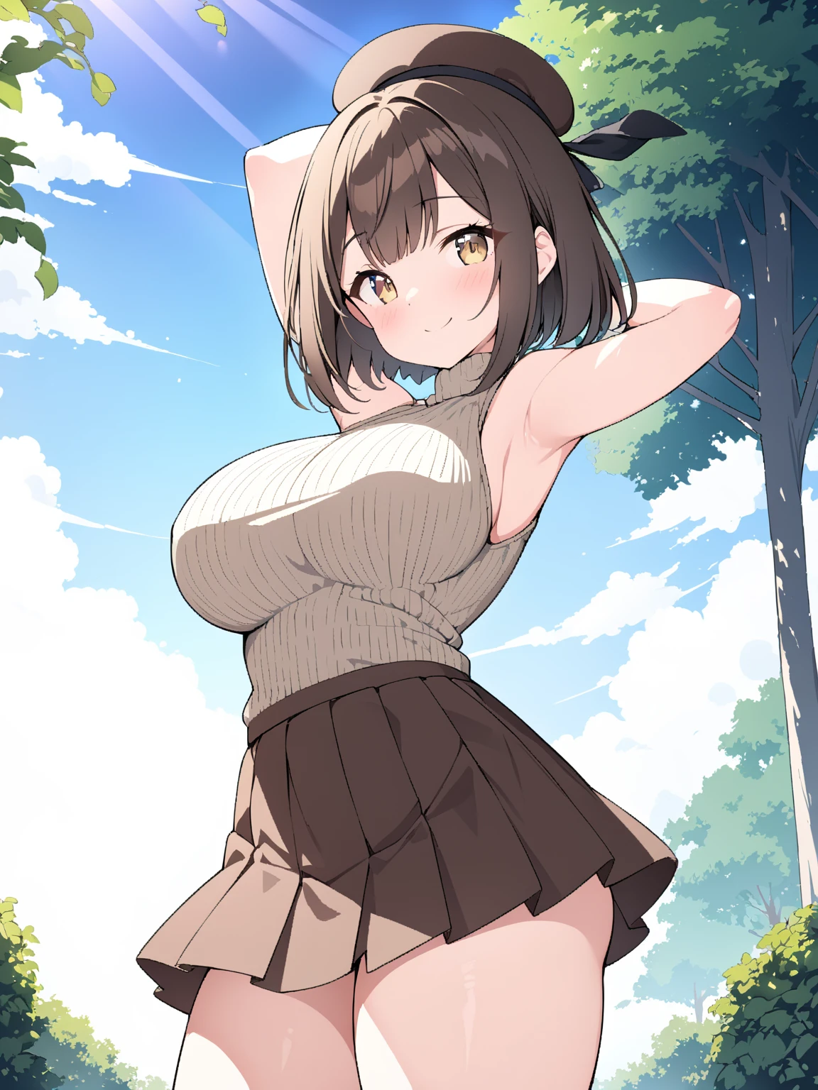 (masterpiece、highest quality、High resolution、realistic pictures、real looking skin:1.1)、
(A woman is squatting with her knees and thighs together.:1.9)、
(A woman's body is mine々facing directly in front of:1.8)、
(glimpse of panties:1.8)、
(she has a grin on her face:1.5)、
(She is wearing a light blue sleeveless turtle knit:1.8)、
(She is wearing a brown pleated miniskirt:1.8)、
(She is wearing brown mid-length boots.:1.8)、
(The panties are red and patterned.:1.5)、
(short hair:1.5)、
(small face:1.5)、
(Her breasts are D cup so you can almost see her cleavage.:1.5)、
(The location is a park lined with cherry blossom trees where the wind blows.:1.5)、
1 Japanese girl、solo、full body esbian、beautiful eyes、shining eyes、Shining thighs、NSFW