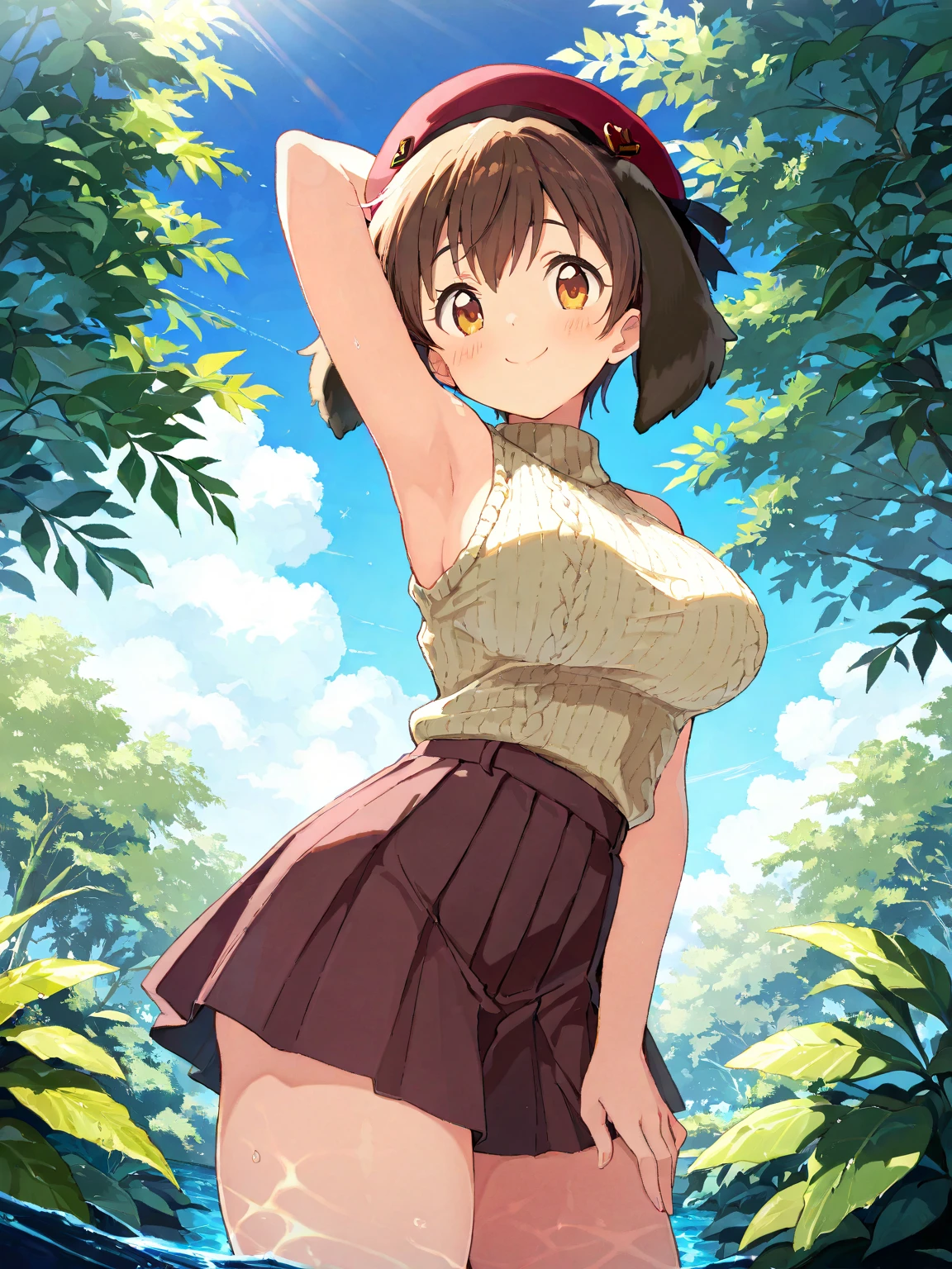 (Highest quality, 8K, masterpiece :1.3),Lizaリン・シュタウト(Lizaのアトリエ),Liza,Plump, One woman,Wet with sweat,Large Breasts,short hair,Brown Hair,hair band,Clothing,hat