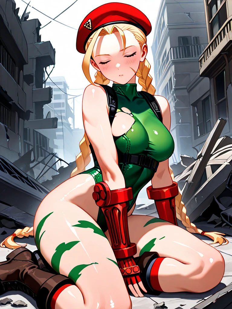 masterpiece, best quality, highres, 1girl, cammy white, twin braids, long hair, blonde hair, antenna hair, beret, (red headwear:1.3), blue eyes, scar on cheek, green leotard, large breasts, sleeveless, red gloves, fingerless gloves, camouflage, <lora:cammy_white_v1:0.7>, looking down, smiling, evil grin, narrow eyes, sadistic eyes, yandere eyes
<lora:giantess:1>, lying on side, city, giga giantess, gts, giantess laying on a cityscape, destruction, rampage, huge craters, ravines, cracks, smoke, fire, destroyed city, ruins, rubble, debris, crumbling, destroyed buildings, knocked over buildings, toppled skyscrapers, drumbling buildings, falling buildings, rampage in the city, destruction in the city
<lora:soine:0.5>, soine, lying, on side,