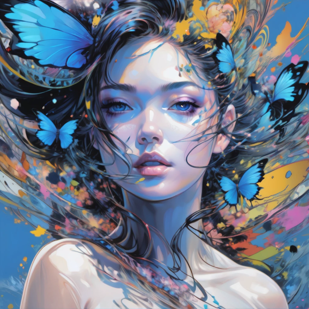 (Double exposure),1girl,white background,(solo),( ink painting),dripping,(butterflies),masterpiece,best quality