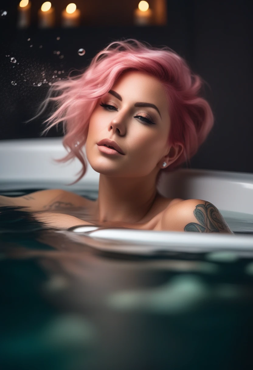 Create an ultra-realistic image of a captivating woman short pink hair, with porcelain skin, reclining at the edge of an indoor infinity pool. Ambient light bathes the scene, caressing her skin and creating a mesmerizing play of light on the water. Her gaze is direct and penetrating, connecting with the viewer. Her lips form an enigmatic smile.