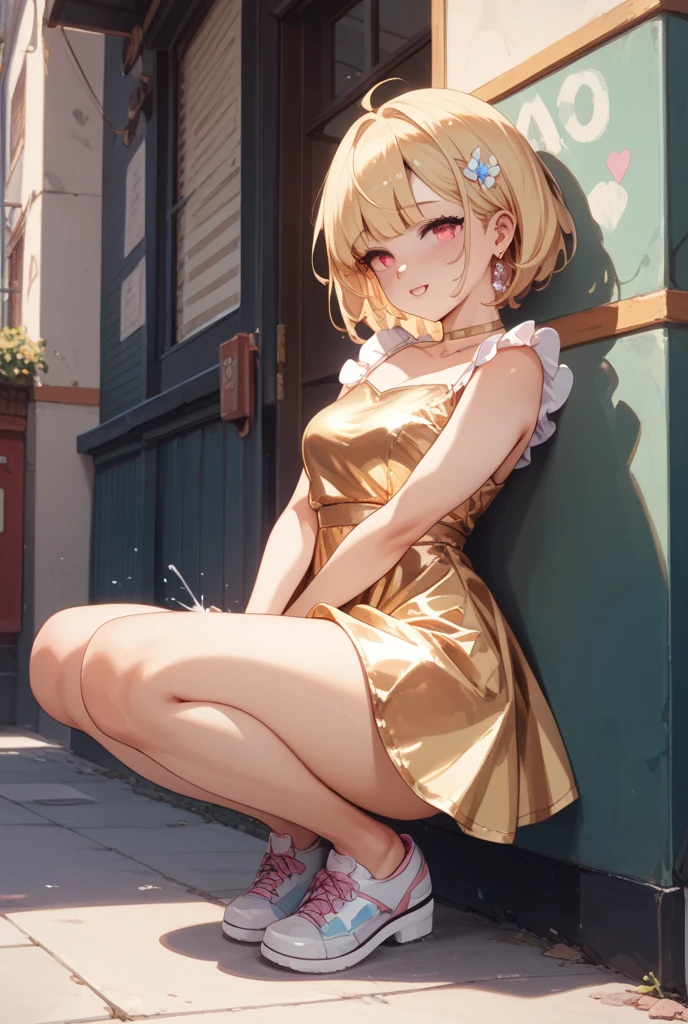 (RAW photo: 1.2), top quality, beautiful detailed girl, underwear, smiling, short hair, blonde, yellow underwear, squatting, highly detailed eyes and face, beautiful detailed eyes, huge file size, high resolution, 8k wallpaper, fine details, highly detailed ticker uniform 8k wallpaper, light on face, movie lighting, 18 year old girl, sexy pose, (photorealism: 1.4), Illustrations, super details