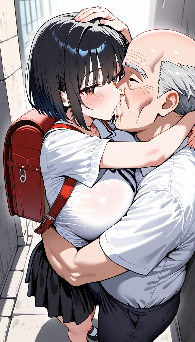 (One very small girl, A fat middle-aged man:1.2), 破れたpantyhose, pantyhose, White shirt, Pencil Skirt, blush, French kiss, hug, ((Big Breasts)), office, Very detailed, High resolution, 4K, masterpiece, High resolution、(tears:1.8)、(rape)、(Sex)、Straddle a man