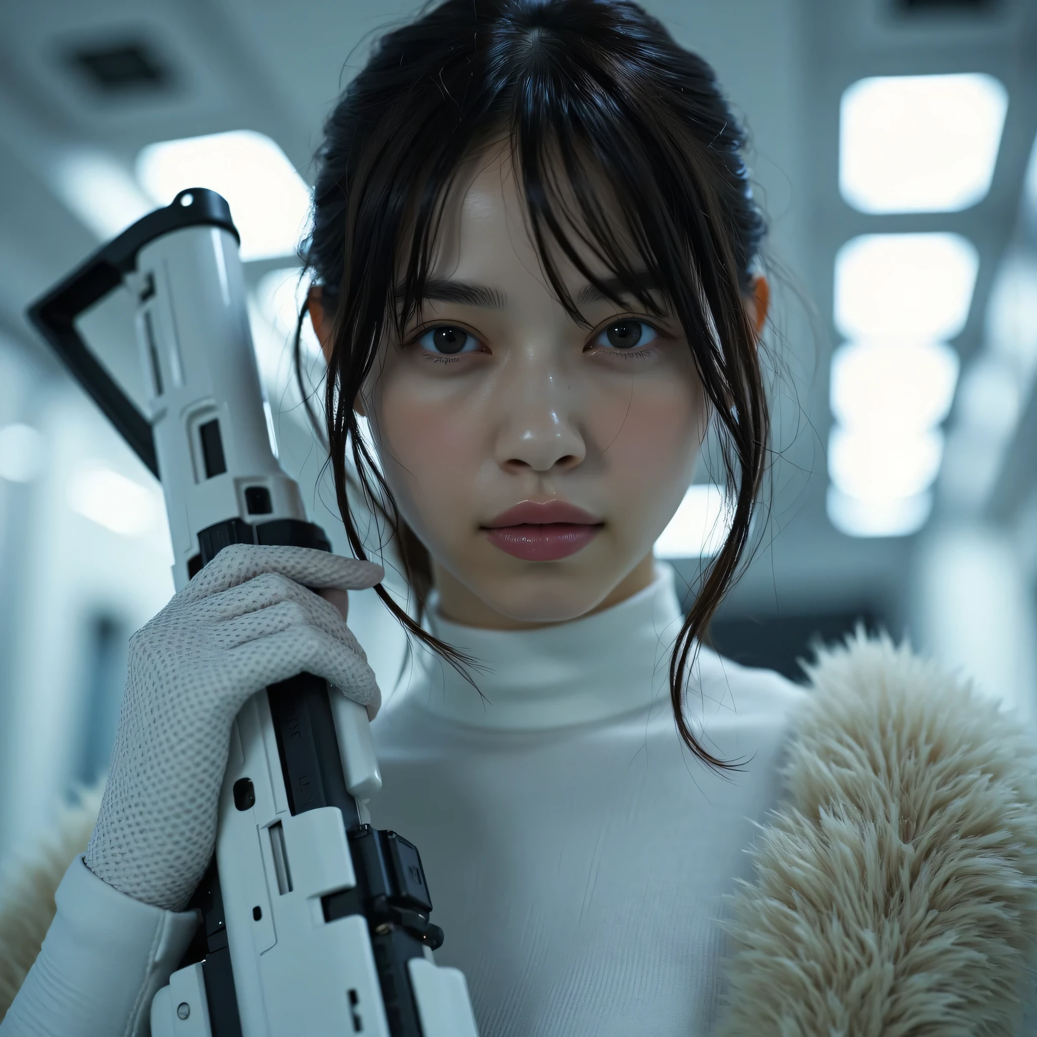 (((Inside a pure white, inorganic spaceship:2.0))),(((DUNE style sci-fi atmosphere:2.0))),(((Holding a pure white assault rifle:2.0))),standing figure,((Full Body:2.0)),one woman,(cute face:2.0),(Beautiful well-balanced face :2.0),(wavy black hair:1.5),(Beautiful Eyes:1.3),glamorous shot of a 20-year-old Japanese woman,beautiful slender body,((Model Body:2.0)),((slim body:1.7)),perfect body line,Ideal proportions,(((Big breasts:2.0))),((スリーサイズ90-58-86:3.0)),((G cup breasts:1.5)),big ,Bare thighs,Sensual Thighs,delicate body,((pale skin:2.0)),(Glutinous meat:1.7),Harmonious posture,((Realistic breast depiction :1.7)),carefully depicts limbs based on perfect anatomy,(((white super high-leg leotard in the style of a samurai armor from the near future:2.0))),(((white super high-leg leotard that fits the body:2.0))),((white kimono with fur in the style of a military coat with open front:2.0)),((((white fishnet tights with rough mesh:2.0)))),(( tactical holster to hide half of her face:2.0)),(Gloves:1.3),concept art,(top quality:1.5),(masterpiece:1.5),(超高Resolution),Resolution,UHD,(delicate depiction),carefully drawn,32k,((realistic skin texture:1.5)),(((super realistic:1.5))),carefully drawn eyelashes,very detailed face,highly detailed female hands, Sexy appearance ,very sensual,(Blurry, dim background:1.5),PROFESSIONAL PHOTOGRAPHY,(Cinematic Lights:2.0),((DUNE style lighting:2.0))