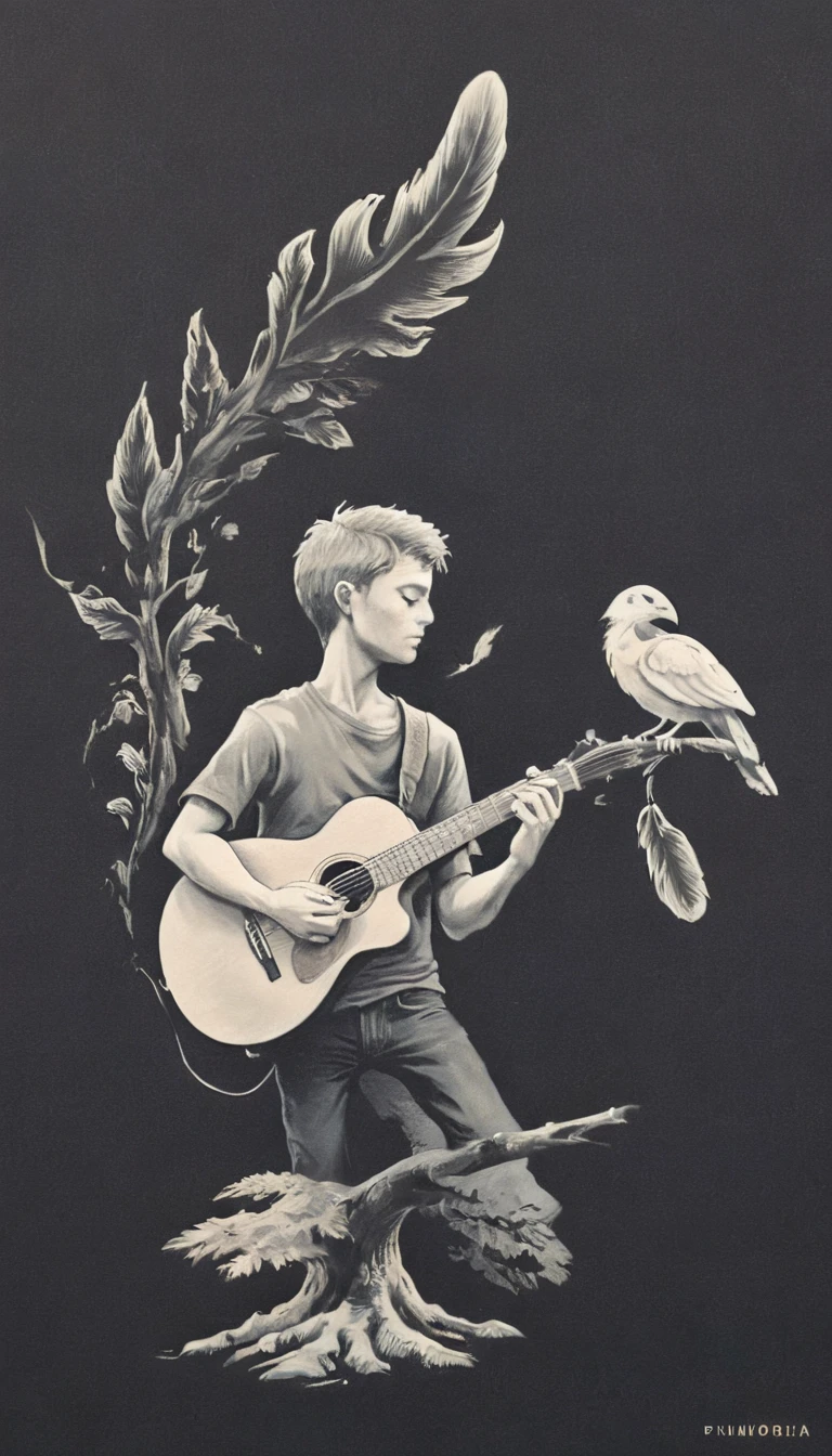 Create a minimal, modern, simple, inspirational, memorable, dream like logo design of a boy playing acoustic guitar to a feather for the brand “Penamemoria". The logo design must convey a sense of storytelling, cinematic storytelling, stories and dreams.
