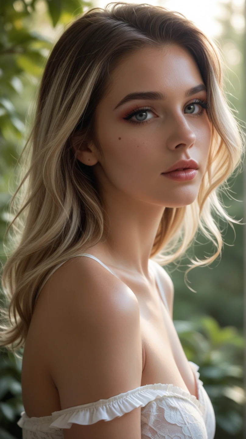 A woman, sensual, she is an adult, 40 years old, blonde hair tied in two low ponytails loose on the side of each shoulder, (((a 40 year old woman with blonde hair 1.7)))(((very beautiful))), , perfect face, she is surrounded by green flowers in the room, dark and cool palette, modest gray dress that fits her body, yellow eyes, 8K, lips with soft, beautiful huge breasts, extremely detailed, (high quality, realistic, photorealistic: 1.37), ideal proportions and detailed and defined skin, meticulously crafted features, inaccessible beauty, perfection, artistic art, vivid realism, hyper-detailed sculpture, realistic forms, truly inspiring, impeccable craftsmanship, serious facial expression, pure radiance, ethereal beauty, delicate contours, striking poses, sublime beauty, subtle nuances, dynamic compositions, vibrant colors, perfect lighting, expressions in motion, heavenly aura, majestic presence, atmosphere dreamlike, unmatched high level of detail, high octane rendering in artstation, 8k art photography, photorealistic concept art, volumetric cinematic soft natural light, chiaroscuro, award winning photography, fine art, oil on canvas, bea