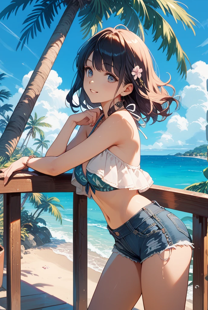 (((masterpiece))、(((top-quality))、((extremely delicate and beautiful))、(Highly detailed CG Unity 8K wallpapers:1.3)、very delicate light、(Back lighting)、(steampunc)、
/=、
(((cowboy body))、(1loli:1.3)、独奏、(小柄)、(small tits)、(Yellow swimsuit)、High Waist Shorts、Vermilion hair、red eyes、耳环、(Wavy Curly Shorthair)、(Ahoge)、(Cute face:1.114)、(finely eye:1.15)、(cute face:1.114)
、(Beautiful fine eyes and beautiful face:1.15)、
Girl with a smile、Look happy in a beautiful tropical landscape。Behind her the sun went down、Bring a warm glow to the scene、It creates a dreamy atmosphere。In the distance、Palm trees swaying in the breeze、sand beach、suns、the beach、mare、Horizon, etc.、It creates a laid-back retro atmosphere。
Highly detailed ray tracing