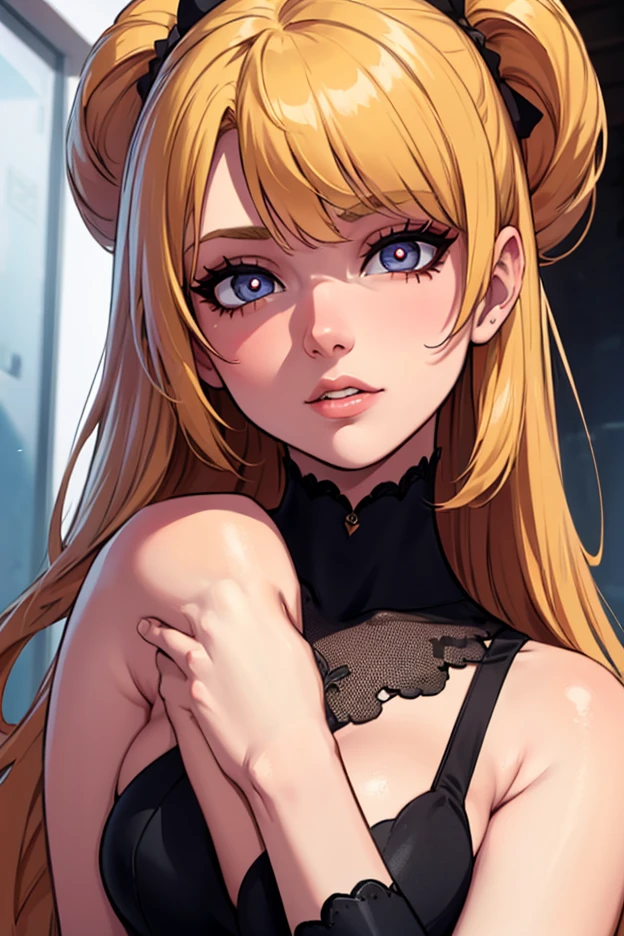 ((high detailed, best quality, 4k, masterpiece, hd:1.3)), Rosalina, blue eyes, BREAK blue eyes, seductive, attractive, sexy smile, smooth anime cg art, 36C breasts, long legs, vivid colors, detailed digital art, slim body, perfect skin, blonde hair, hair over one eye, long hair, BREAK crown, cleavage, 36C cleavage, looking at viewer, BREAK looking at viewer, extremely detailed face, dress, earrings, star earrings, jewelry, gem, dark black makeup lips, dark gothic eyeshadows, dark eyeshadows, black eyeshadows, black sexy lips, black lips, (dark:1.2), dark lips, very dark lips, (perfect hands, perfect anatomy), black makeup, black medium lips, black thick lips, detailed fingers, five fingers per hand, 5 fingers, (1 girl), ldetailed lips, detailed black lips, black painted lips, gothic painted lips, BREAK night, night sky, sky, star \(sky\), star \(symbol\), space, sun, (breast focus), (arms behind back:1.2), (from above:1.1), (breasts out:1.3), (off shoulder:1.1),