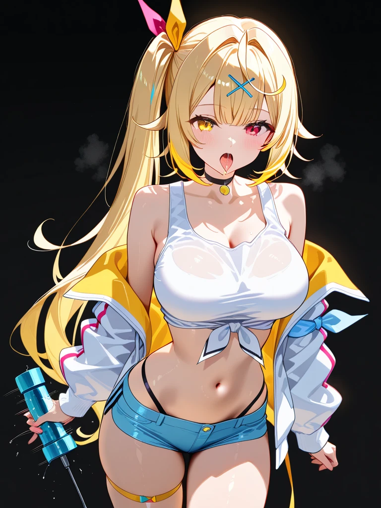 Original Character, Volumetric Lighting, Best Shadows, Shallow Depth of Field, Portrait Of Stunningly Beautiful Girl, Petite, Delicate Beautiful Attractive Face With Alluring Yellow Eyes, Messy Painted Face, Sharp Eyebrows, Broadly Smiling, Open Mouth, Fangs Out, Lovely Medium Breasts, Layered Long Twintail Blond Hair, Blush Eyeshadow, Thick Eyelashes, Applejack Hat, Oversized Pop Jacket, Mini Underboob Tee, Open Navel, Slim Waist, Denim Jeans Pants, With Buckle Belt, In The Graffiti Alley, Waste Container, Outside Stairs, Outdoor Unit, Holding Spray Paint Can, Standing, (Highest Quality, Amazing Details:1.25), (Solo:1.3), Brilliant Colorful Paintings
