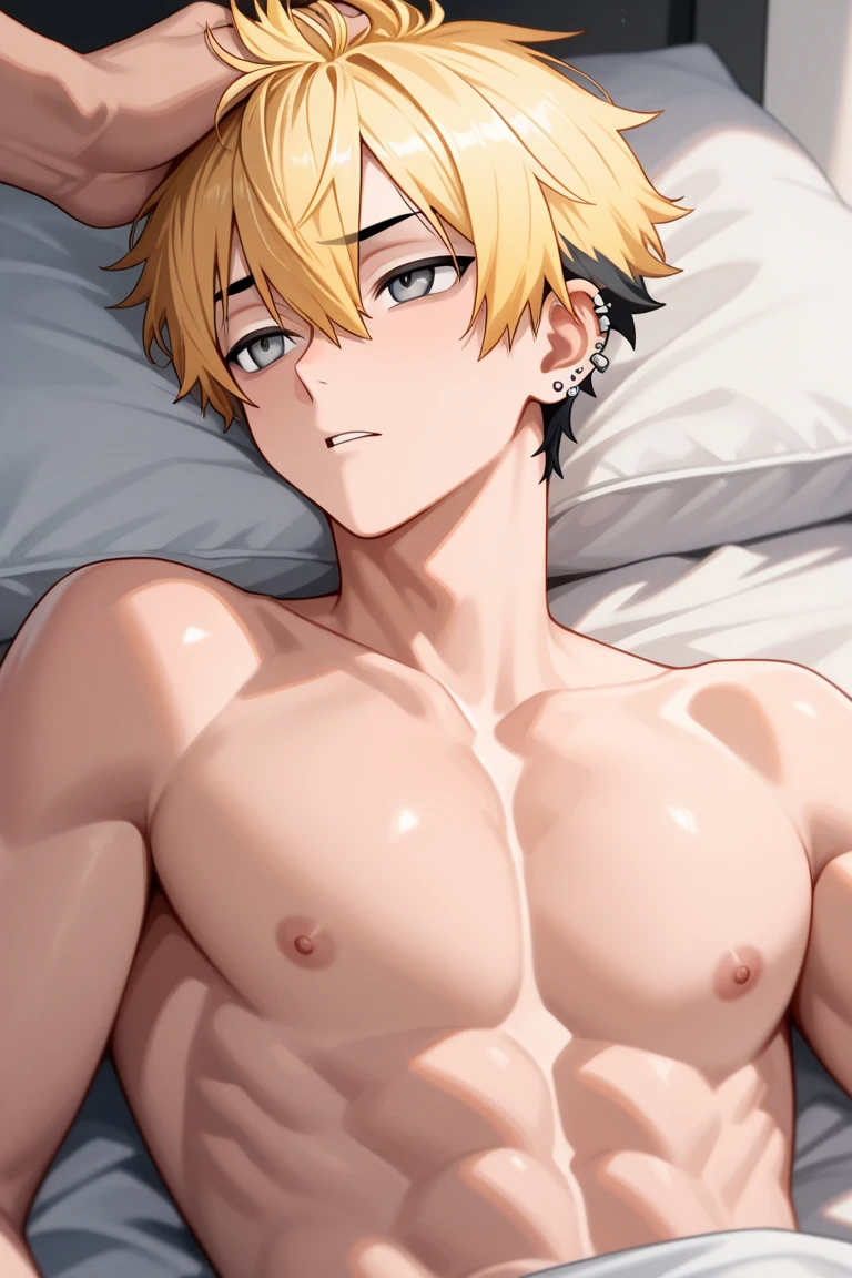 ((best quality)), ((masterpiece)), (detailed), a tall, muscular man, with tan skin, a big penis, short spiky blond hair, and light blue eyes. Lying on his back with his hands on his chest