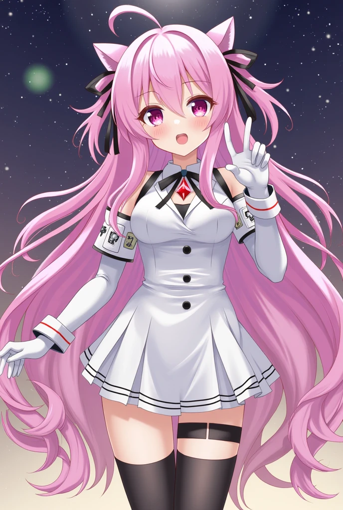 lala satalin deviluke, 1girl, pink hair, green eyes, long hair, white hat, tail, white leotard, bodysuit, demon tail, necktie, smile, <lora:Yabuki Kentarou:0.8>