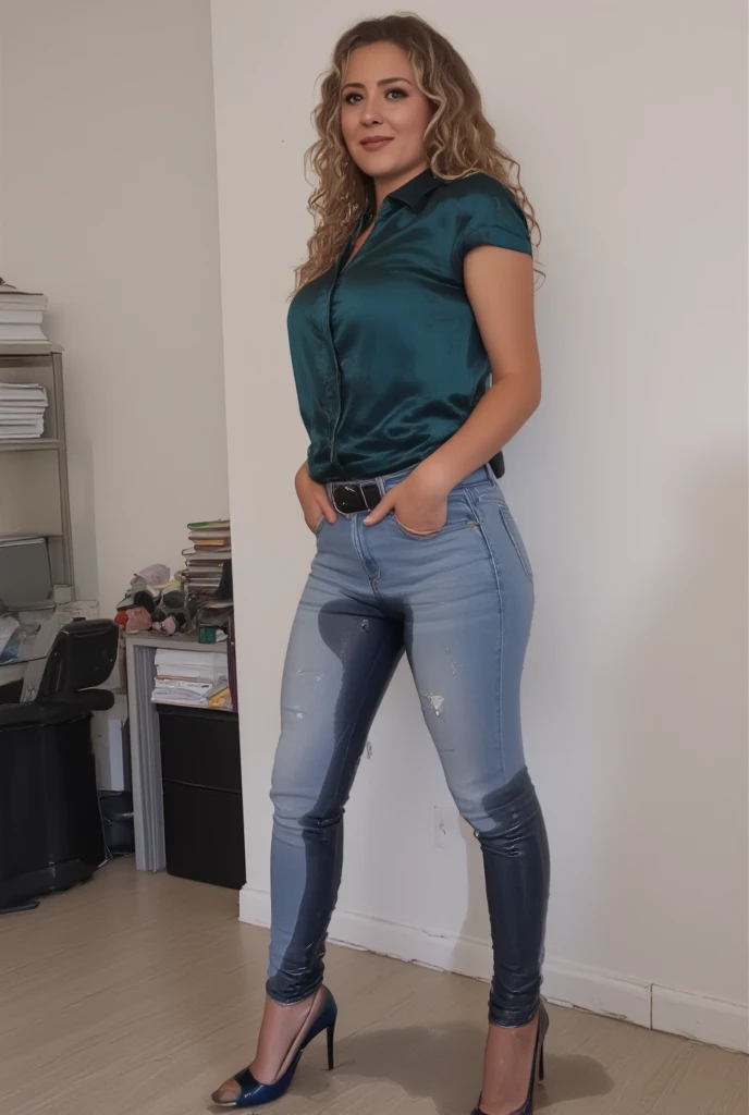 attractive redhead woman wearing black skinny jeans, short curly hair, white high heel pumps, mint green blouse, standing in an office, wetting, big smile, pee stains are gleaming wet, front of blouse and jeans are wet with pee