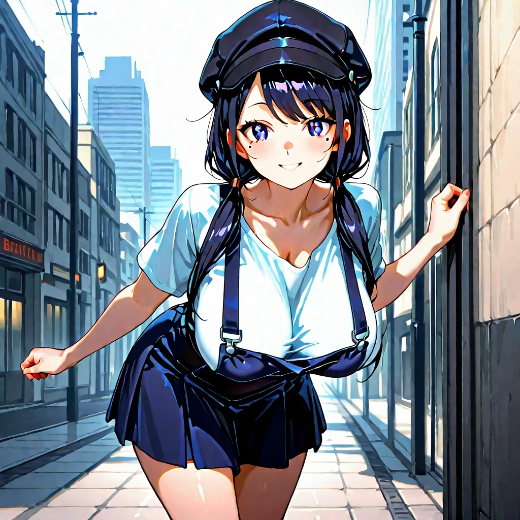 Girl who has black hair long, and blue eyes.