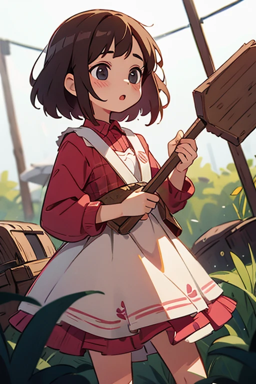 A Female robot grabs her ass, spread legs, nude, banzai pose. she wears no dress. She Brown short hair is tied with two big red clothespins, She lifts up the under hem of her white plain dress, leaning over, masterpiece, very short pigtails,brown hair, mature, android, blue eyes, full body figure, Height: 160cm, flushed cheeks, 2020s anime picture, A beautiful robot with short brown hair in two short pigtails held up by two very large huge red clothespins, Uplifting, No NSFW, whole body, barefoot, archaic smile, getting orgasm, 25 years old, sweat bucket. short sleeve shirt, pleated skirt, beautiful scenery, evening, skirt lift, no panties, genitals visible, full body shot, sexy face. between mirrors, floating hair, looking away. She wears hot pants. She has broken hardly by enemy.