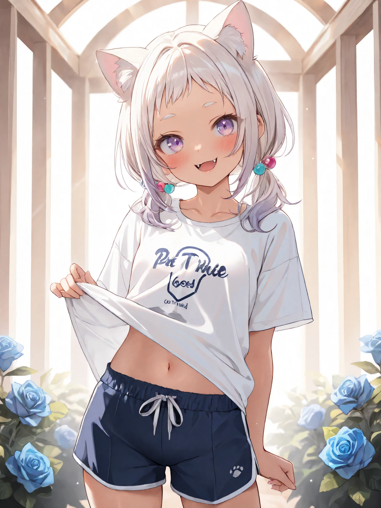 ((Masterpiece)), ((best quality, very aesthetic, absurdres, newest)), (wide shot), (8K), (cinematic lighting), ((1girl)), (cute young girl), (Healthy body, Textured skin, small breast, tilt head), ((platinum-gold hair)), Textured skin, (thin T-shirt, shirt overhang, pure white T-shirt), bare left shoulder, cute navel, gym shorts, Navy blue shorts, (messy medium hair, low pigtails), (short bangs, cute forehead), long side bangs, gradient hair, pink color Hair Tip, beautiful collarbones, heart ornament hair bobbles, ((lift up the T-shirt, lift by self)), BREAK ((:d, blush, sharp fangs)), Thin and short eyebrows, (cute cheeks), glossy lips, pouty lips, (lower eyelashes), (put on cat ears), ((pale purple eyes, gradient eyes, looking at side)), contrapposto, legs apart, inside the gazebo, (Beautiful blue roses garden), intense sunlight, colorful flower fields,