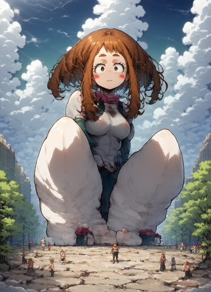 (1girl), ahoge, bare legs, (barefoot: 1.1), blunt bangs, blush, bottomless,(brown skinned girl: 1.1), (forest: 1.1), (grinning), hand to own mouth, long hair, long sleeves, looking at viewer, no bra, no pants, (thin waist: 1.1), belly button, (abs), very long flowing straight hair, (mature face: 1.2), (tall), (Very skinny: 1.1), ribcage, (looking down at viewer: 1.1), (from below foreshortening: 1.1) long bangs, brown eyes, (giantess looking down at tiny: 1.1), (muscular), (very low angle perspective: 1.1), (giantess looking down at tiny village: 1.1), (giantess towering over a tiny village in front of her: 1.2), (soles: 1.1), (sitting), (a tiny village on a tiny platform in front of a giantess: 1.3), (:3), happy