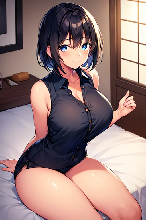(((Pixel Perfect, Perfect in every detail,nsfw,,clothes lift,large breasts,arouse,dpubic hair,1 girl,thigh-high socks))), alone, One girl, Ruka Sarashina, Blue Ribbon, big , (serafuku), View your viewers, In the room, sitting