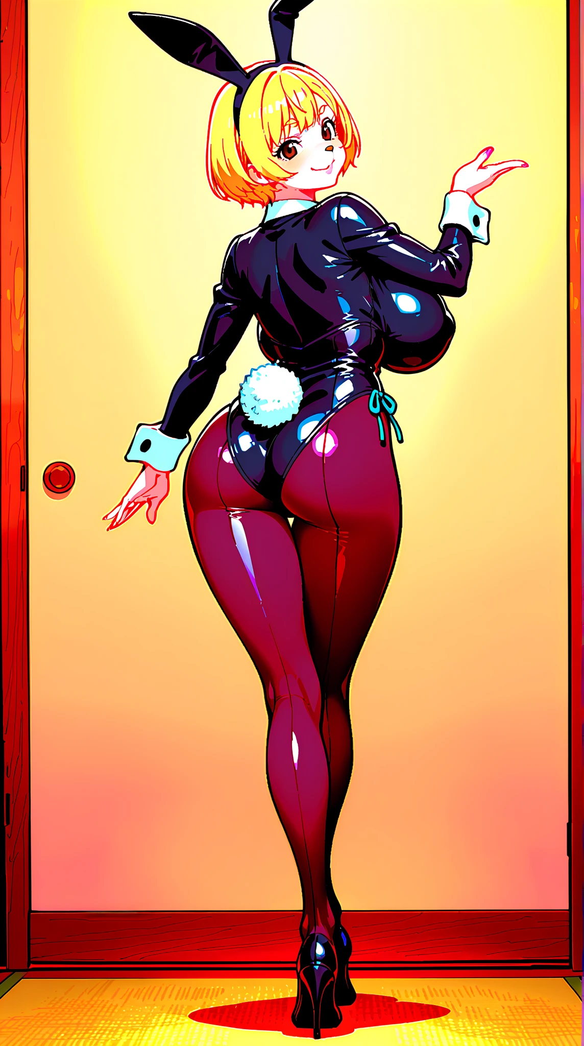 score_9, score_8_up, source_アニメ,Big Breasts,sysdeep_Android18,latex,garter belt,Reverse Bunny Suit,High heels,gloves,oiled skin,club