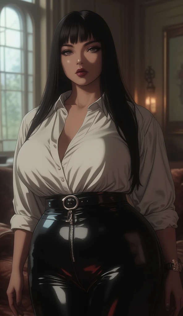 masterpiece, High quality full length portrait of 1 woman (maduro)) young), holding a katana, White long sleeve button down shirt, shiny black leggings, beautiful thin face, detailed face, by the wide, (black fur), big breasts, pale and light skin, detailed eyes, grey eyes, shy expression, set in a background inside a cabin with a fireplace, evening,
