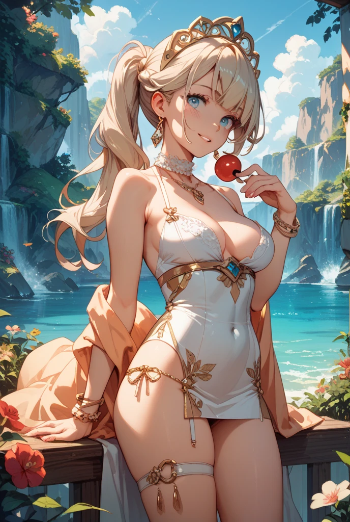 "highly detailed and vibrant illustration of Princess Peach from Super Mario Bros., reimagined with an adult, mature feel. She's supposed to be wearing a small gold crown adorned with intricate designs and a matching gold necklace with a crown-shaped pendant. Princess Peach must be dressed in a small red bikini, green dry sewer pipes.