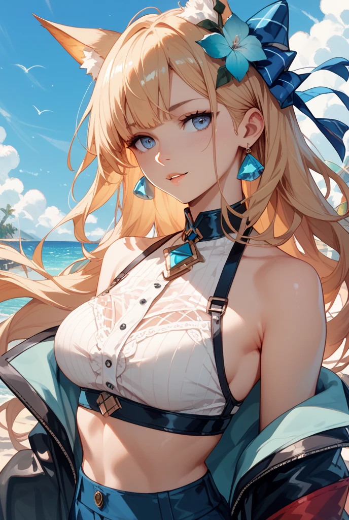 One Girl、Blonde Hair、Hair between the eyes、long hair、Blue Eyes、Big Breasts、Huge breasts、Tight waist、belly button、sunglasses、Shorts、Bikini Swimwear、Cape、Off the shoulder、Cleavage、Cleavage、Hair blowing in the wind、Smiling、Standing in an ancient Greek town、Angle from below、Touching your hair、Elbows at face height、blue sky、Photographed from an angle、Gravure idol pose、sexy、lure、