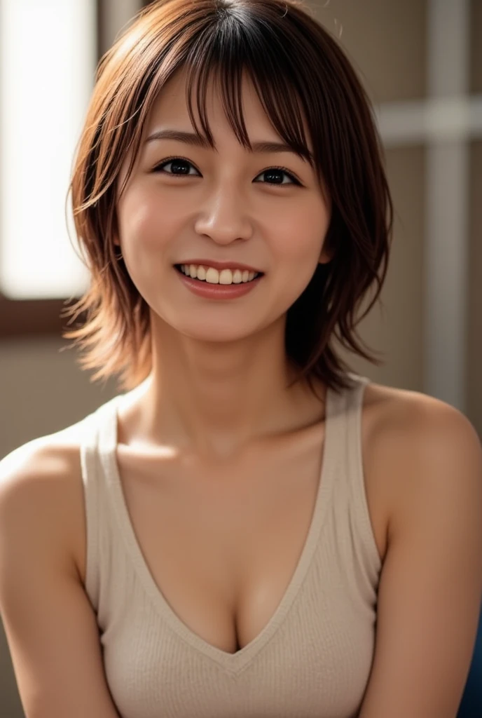 NSFW:1.5,((highest quality、8K resolution、master masterpiece、portrait:1.3)), Photoreal, 35mm film, 1 Japanese female, Upper body、on the street during the day, wrinkles around the eyes、plump body、cleavage、boyish_pixie cut、smile,((white bra_panties:1.3)) , (outdoor:city street 1.3), jumbled background,look at the audience,Tokyo cityscape:1.3