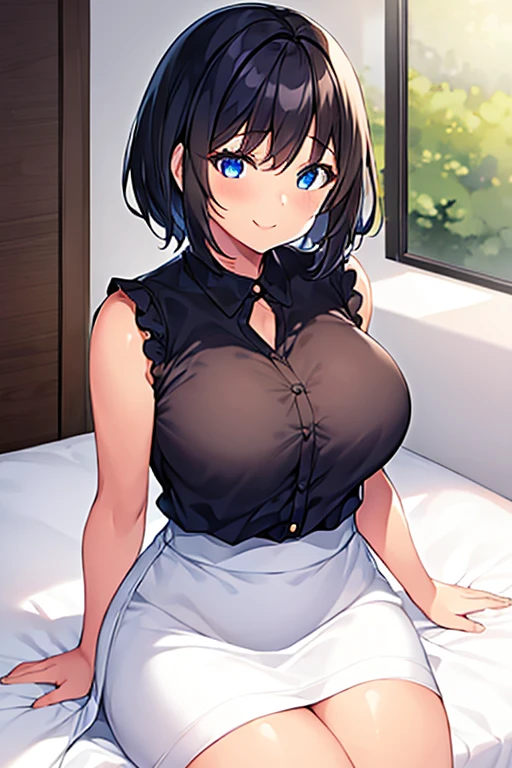 Tabletop, Highest quality, shape, Very detailed, finely, High resolution, 8k wallpaper, 完璧なダイナミックな構shape, Beautiful and exquisite, Short sleeve、Medium Hair,Big Breasts 、Natural color lip, Random sexy poses,smile,、20-year-old girl、Midnight、Beautiful and elaborate face、Perfect and beautiful face,Big eyes、RAW Photos、spread your arms and legs wide、Express your best emotions with your whole body、Beautiful and exquisite、Small face、Beautiful Duplex、Slim face and figure、Blur the background、bed、Big Breasts