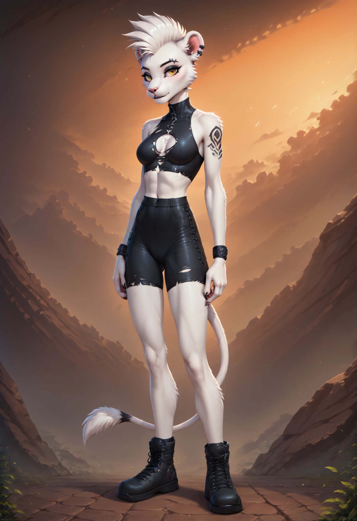 score_9, score_8_up, score_7_up, masterpiece, detailed_eyes, high_quality, best_quality, highres, absurdres, 8k, subject_focus, depth_of_field, best quality, solo, ((anthro)), Zaffa, lioness, black and white hair, white fur, fluffy fur, detailed fur, black tattoo, lioness tail, eyebrow piercing, ear clip,scruffy, standing, ripped clothes, slim,sky, rock background