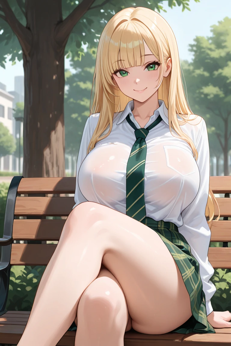 spread legs,show off nipples,masterpiece, best quality, 1girl, solo amagake yuri, hair ornament, yellow sweater vest, white shirt, long sleeves, green necktie, green skirt, large breasts, arms behind head, looking at viewer, sitting, bench, park