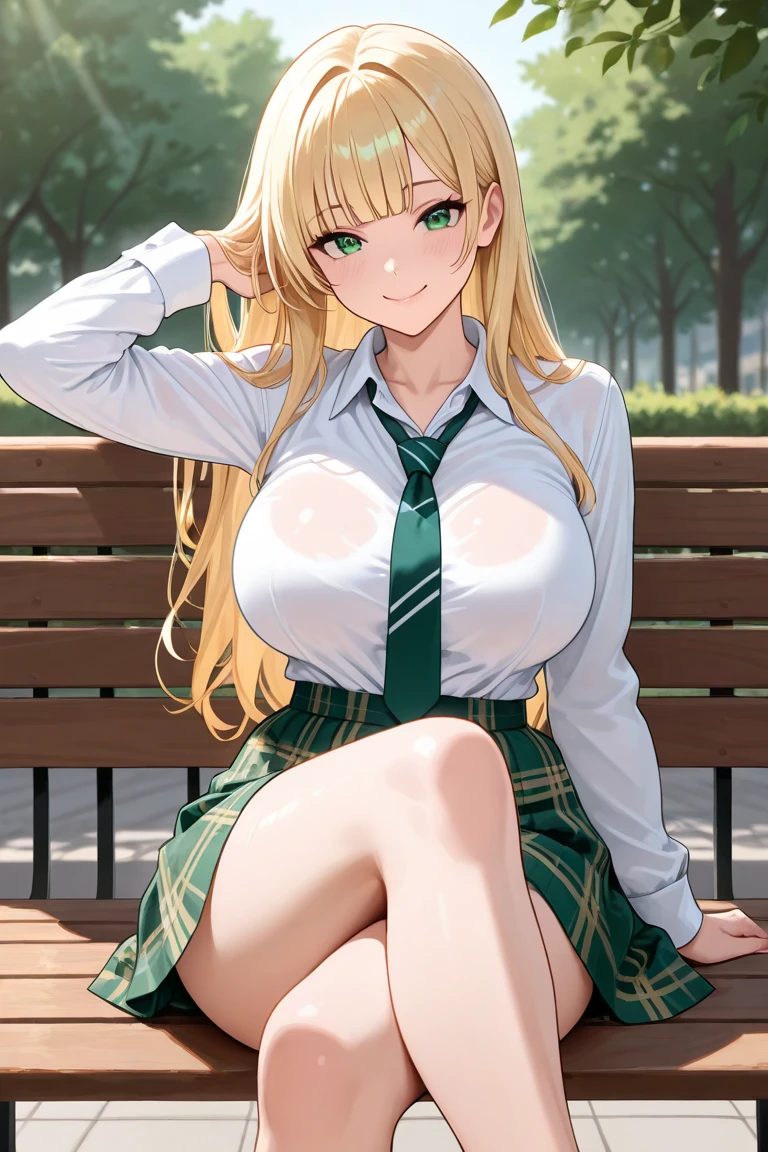 (8K, RAW photo, 最high quality, masterpiece: 1.2), High-definition RAW color photo, Professional photo shoot, cinematic light, alone, (((young woman, gal))), (Sharp features), (small face), (high detail skin: 1.2), clavicle, cute face, beautiful appearance, long eyelashes, (rainbow hair, greenいeye), ((have cleavage: 1.2)), (beautiful breasts:1.5), (camel toe details), spread your legs, I lean back with pleasure, pussyが気持ち良い, ((very detailed女性器, pussy)), (thin:1.4), very detailed顔と肌の質感, 詳細なeye, double eyelids, 横eyeで見る, put your hands behind your body, camel toe, ((blonde, wavy hair)), thinボディ, ((open your mouth and laugh:1.2, 上eye遣い)), big breasts, normal hip joint, green_eye, cowboy shot, composition from above, (((school uniform:1.5, pleated skirt, Seductive thighs))), garden, At night, sit on a bench, 見つめるeye, beautiful skin, shiny skin, perfect fingers, five fingers, anatomically correct, background bokeh, high quality, surreal, bright colors, ((very detailed, photo shoot)),