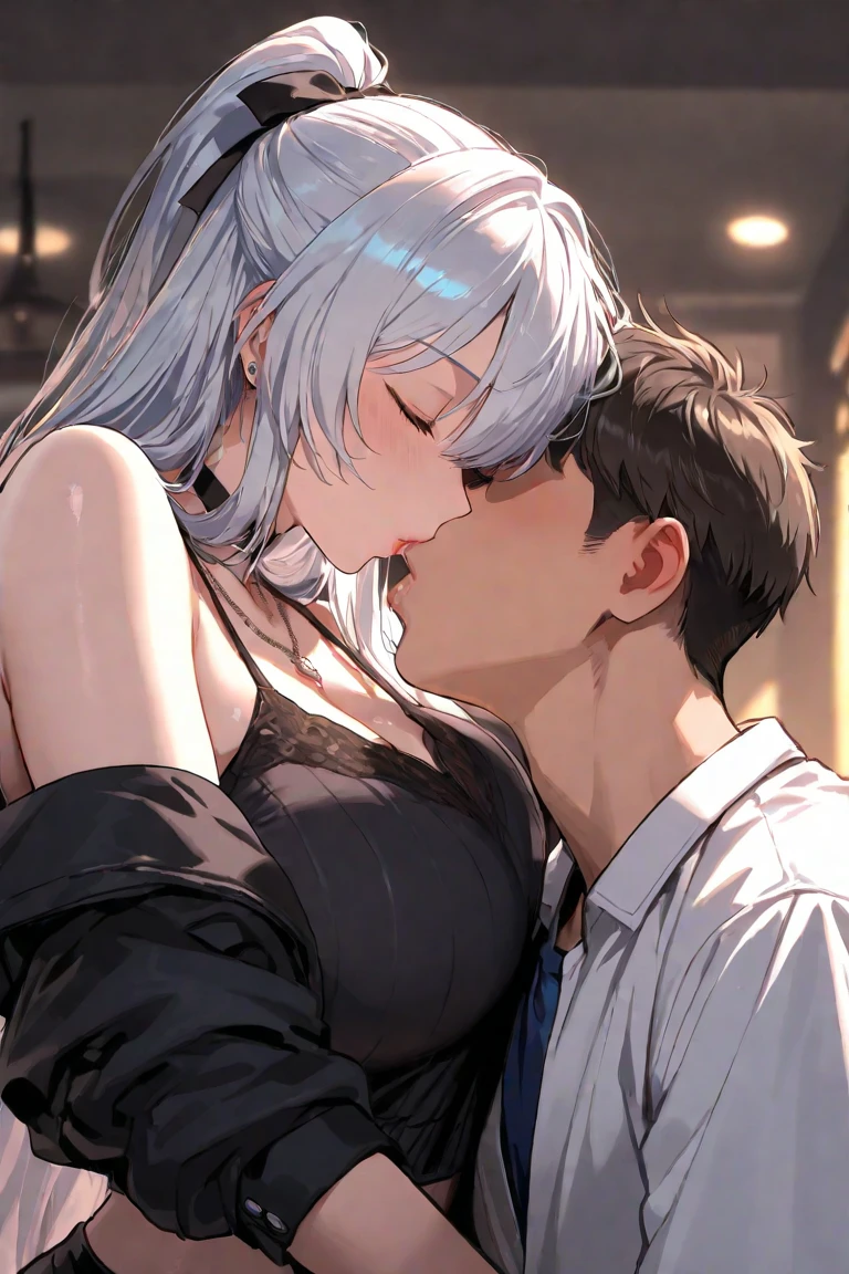 1girl, 1boy, nursing handjob, (breast sucking:1.0), , masterpiece, best quality, highly detailed,short gray hair, blue eyes