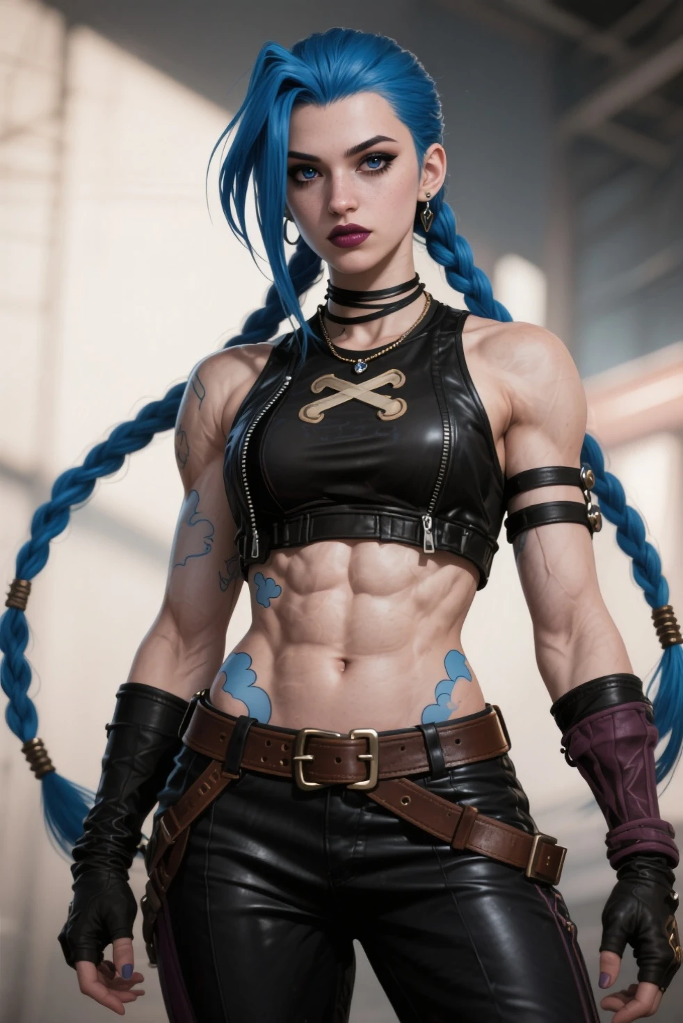 jinx arcane, uma mulher com hair blue e tatuagens, cyberpunk woman anime woman, pants, Beautiful angry cyberpunk goddess, cyberpunk artstyle, cyberpunk anime digital art, cyberpunk anime art, Arcane Jinx Retrato, cyberpunk anime art, cyberpunk themed art, cyberpunk dark fantasy, arcane style, 1 girl, cloud tattoo no braço, asymmetrical bangs, range, hair blue, blue braids, brown shirt, cloud tattoo, sideways, hair blue, long hair, pink eyes, Red lips, standing , cloud tattoo, twin braids. Jinx de arcano. Jinx em um lugar em chamas, spark, spheres of light, movie poster, Jinx, Arcane\(league of legends\