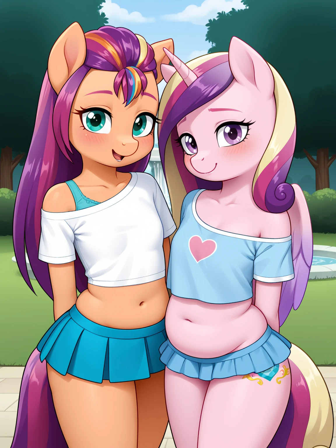 ((masterpiece)), ((Best quality)), (8K), (high detail), (Beautiful), 2 girls, white body, smile, Two characters, hugging, MLP, pony, my little pony, wet, (shooting full body:1.2), detailed hair, detailed fur, (Hyoshiru:1.0), camel toe, sexy look, shadows on eyelids, Floral Print Bikini Set, big sexy ass, big breasts, stockings flowers, Red hair, long hair, Two girls, lesbian, duo, pink hair, pink bikini