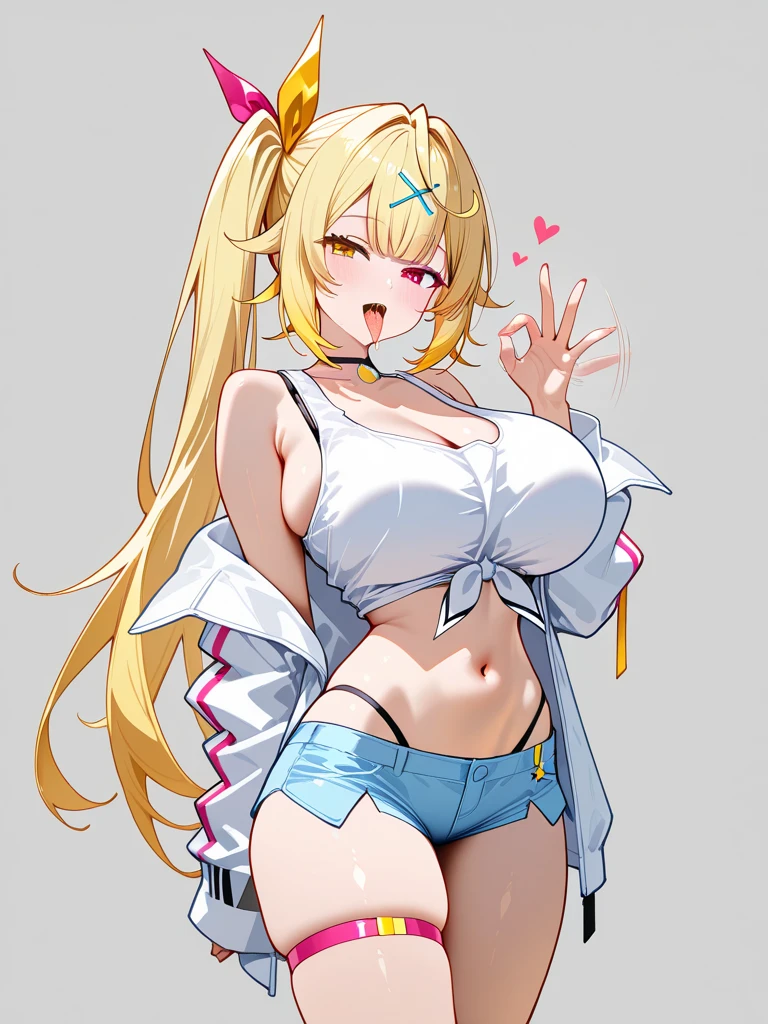 Very detailed、Highest quality、Best image quality、masterpiece、8k、 (Big Breasts:1.5、topless:2.0、only breasts are in full view :1.5、bare breasts:1.5 、bare nipples:1.5、erection of nipple、pepperoni nipple、necklace)、(Blonde Hair Color:1.5、Headband:1.5)、(smile、Open Mouth) 、(cheerful)、(tareme)、(big eyes)、(Beautiful shining eyes)、(High Detail Eyes)、(puffy eyes)、((SFW Huge Body))、Cowboy Shot、(highleg panties:2.0)、(メイドHeadband:1.5)