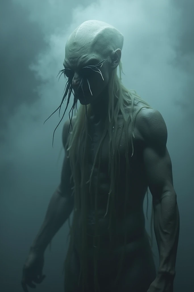 horror movie poster: sea elf, in the poster the elf is coming out of the sea and brings a tsunami with him, he has an evil face, he has the characteristics of a god. realistic