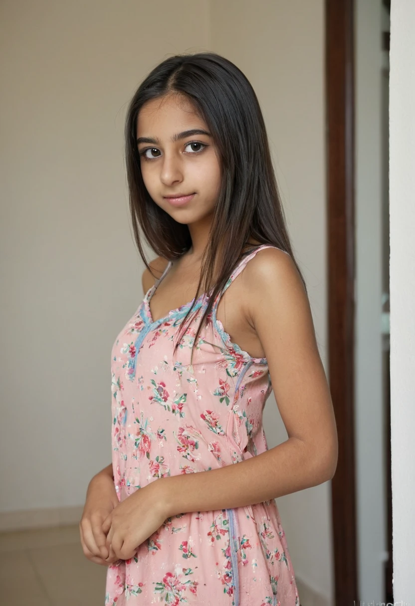 13 year old Anunaki girl black hair french braids headband nose ring freckles skinny body small breasts hairy vagina posing sitting squatting spreading her legs and visibly urinating on her bed
