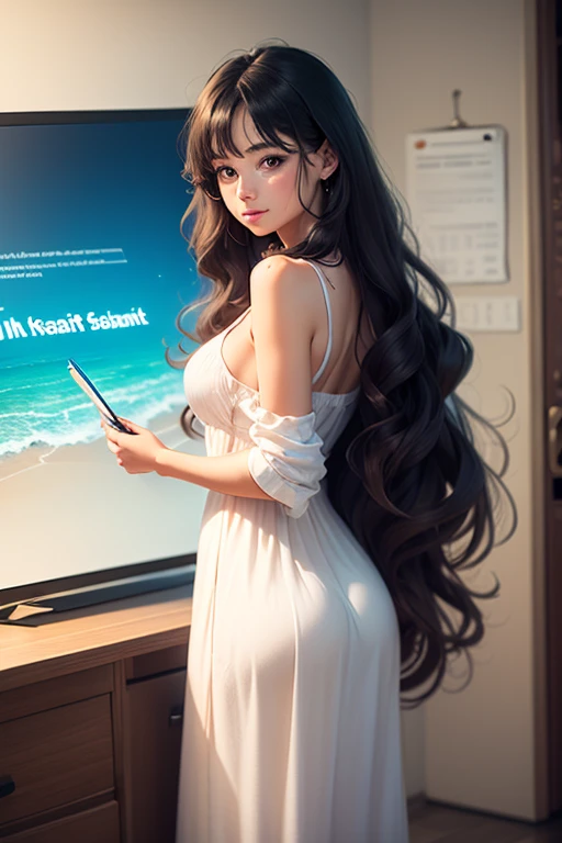 Beautiful girl with wavy long hair, bohemian dress, holding a white board with text "I Love Seaart Infinity" and showing it to the viewer