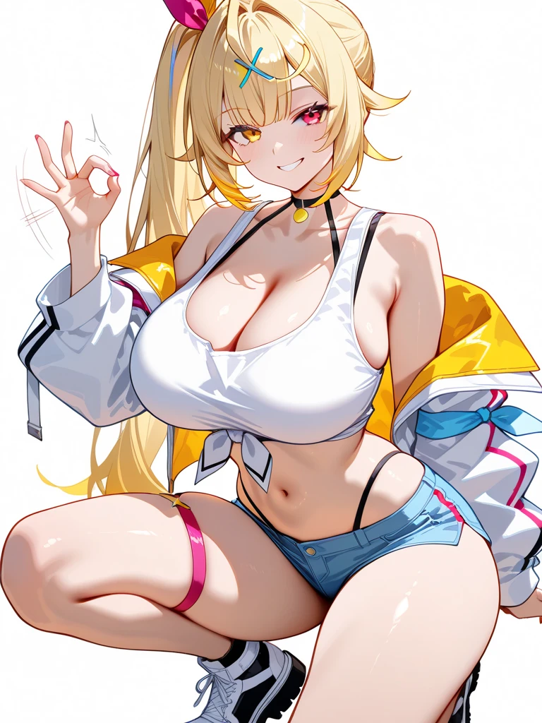 Anime Kawaii sexy Perfect Slim sensual body large breast and huge thighs, An intricate and highly detailed illustration of anime (Young girl) (work of art, best qualityer, ultra detali, high resolution, 4K),(beautiful detailed eyes),(very highly detailed face),(1 girl),HDR,long hair, shorts, phone, eyes browns, chestnut hair, cellphone, bracelet, regatta, jewerly, to attend, lips, focus only, glaze, blurry background, ssmile, wristto attend, realisitic, blurry, gazing at viewer