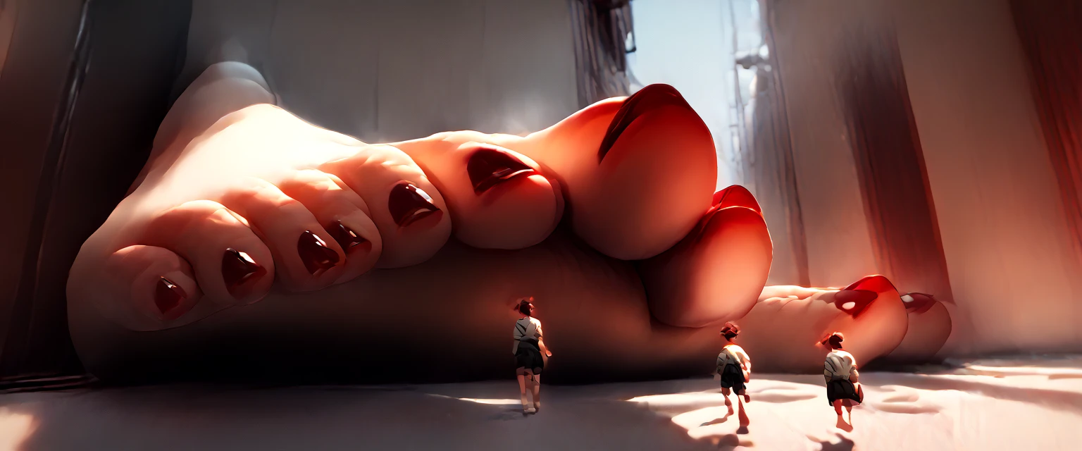 a tiny man paints a giant woman&#39;s toenails