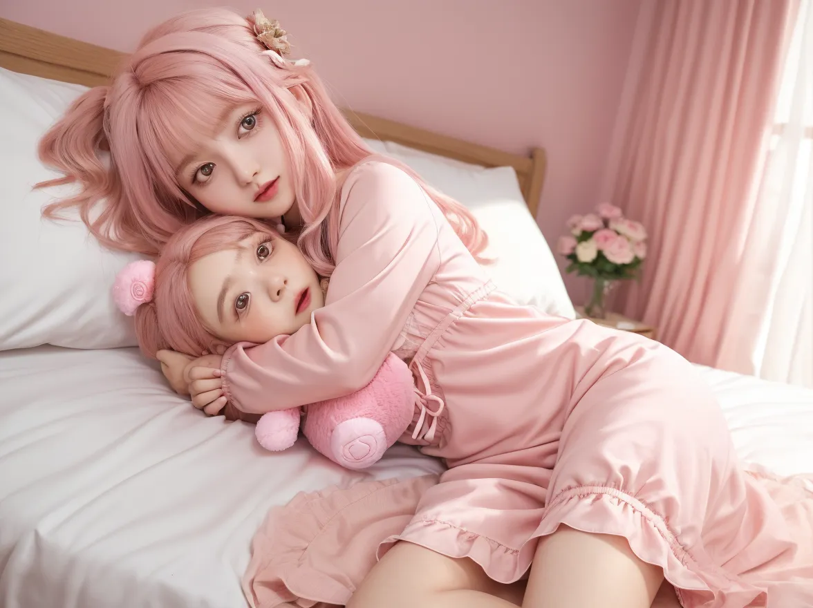 "((((Realistic)))), (Female)))), straight from real life, (hair_pink)with silver and pink hair, (pijama_pink)(((Sleeping in bed wearing transparent pink and white short-sleeved pajamas and short pants)))), photorealistic detail image, 8K artgerm Bokeh, photorealistic, young sensual gravure idol
