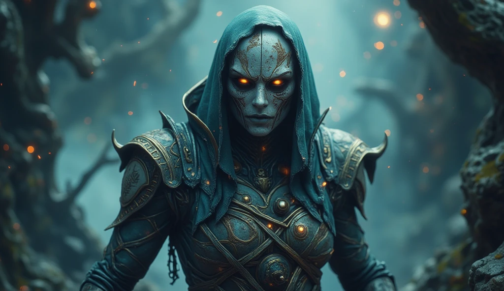 a dunmer worshiper of boethiah, detailed portrait, intense glowing orange eyes, intricate face tattoos, dark elf, dramatic lighting, moody atmosphere, dark fantasy, cinematic, dramatic, high contrast, chiaroscuro, volumetric lighting, dramatic shadows, dark color palette, rich textures, highly detailed, award winning digital art, octane render, unreal engine