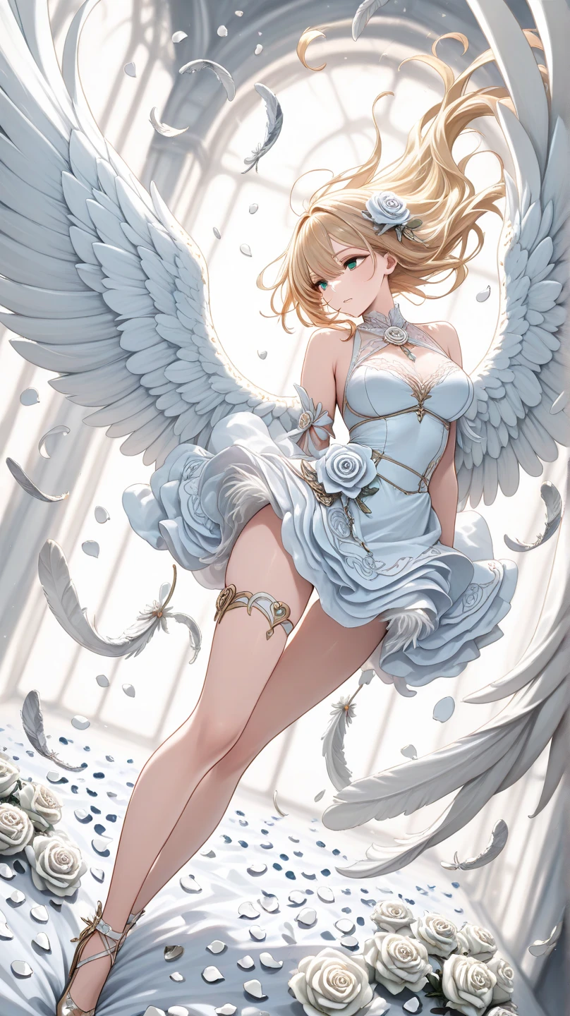 Highest quality,Highest Resolution,Smiling beautiful girl in maid leotard,Big angel wings on his back,Halo,High leg,Frills,Very beautiful eyes,front,whole body,Bedroom,Standing posture,Spread your arms out to the sides,Thigh-high stockings,Night view outside the window,