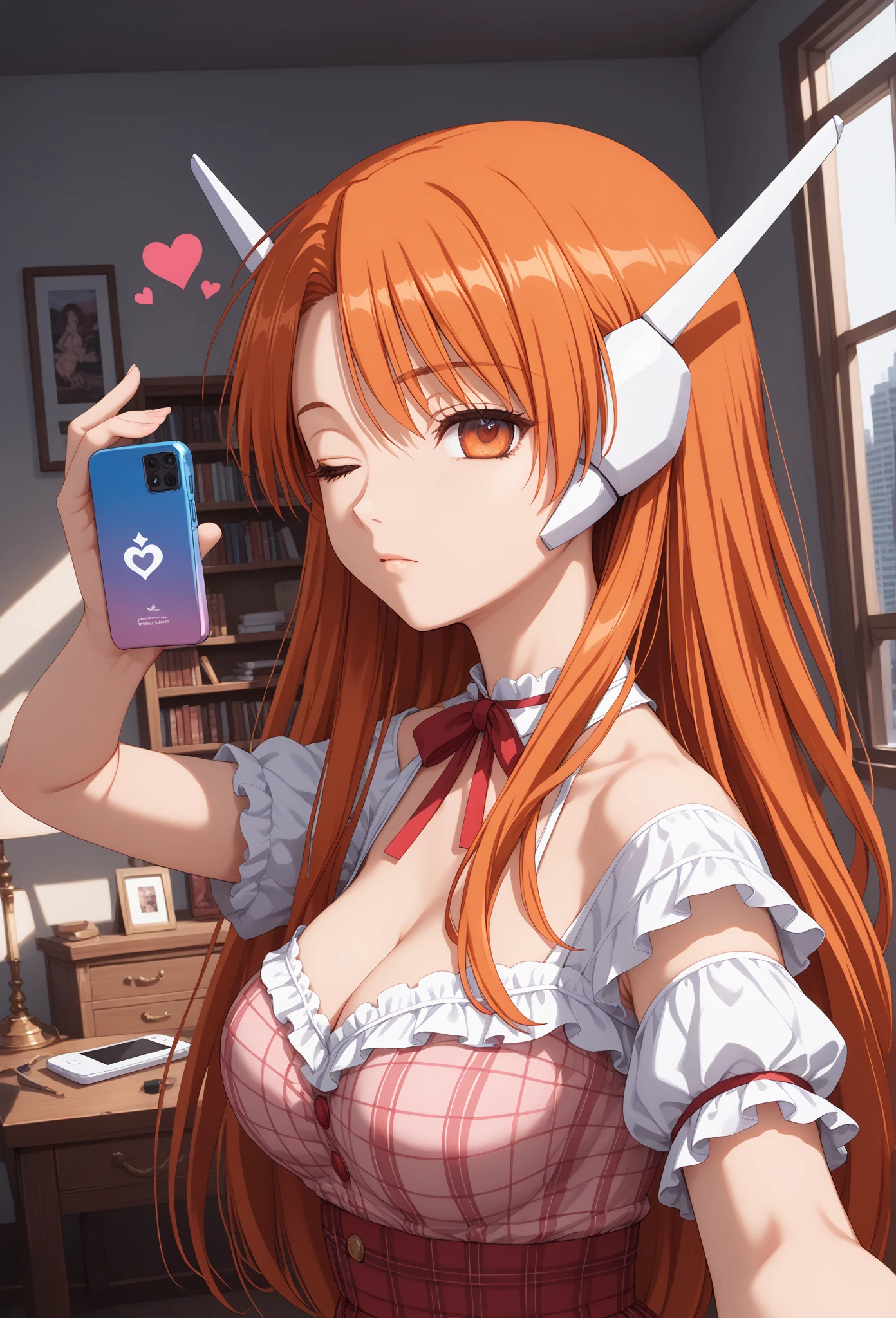 (masterpiece), best quality, expressive eyes, perfect face,1girl,EPpkSonia,orange hair, side ponytail, aqua eyes, long hair, eyewear on head, sunglasses, heart hair ornament,beach cafe,soft shadows,mind control,hypnosis app,heart-shaped pupils,blush,big breasts,cleavage