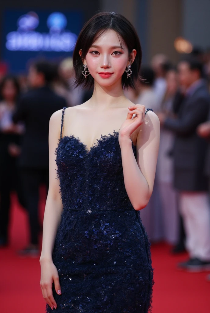 1lady standing, actress, (chic blue dress) stylish outfit, (jewelry:0.8), mature female, /(dark brown hair/) bangs, light smile, (masterpiece best quality:1.2) delicate illustration ultra-detailed, large breasts BREAK (red carpet event) (red carpet:1.2), /(movie actors/), /(eager fans/), detailed background