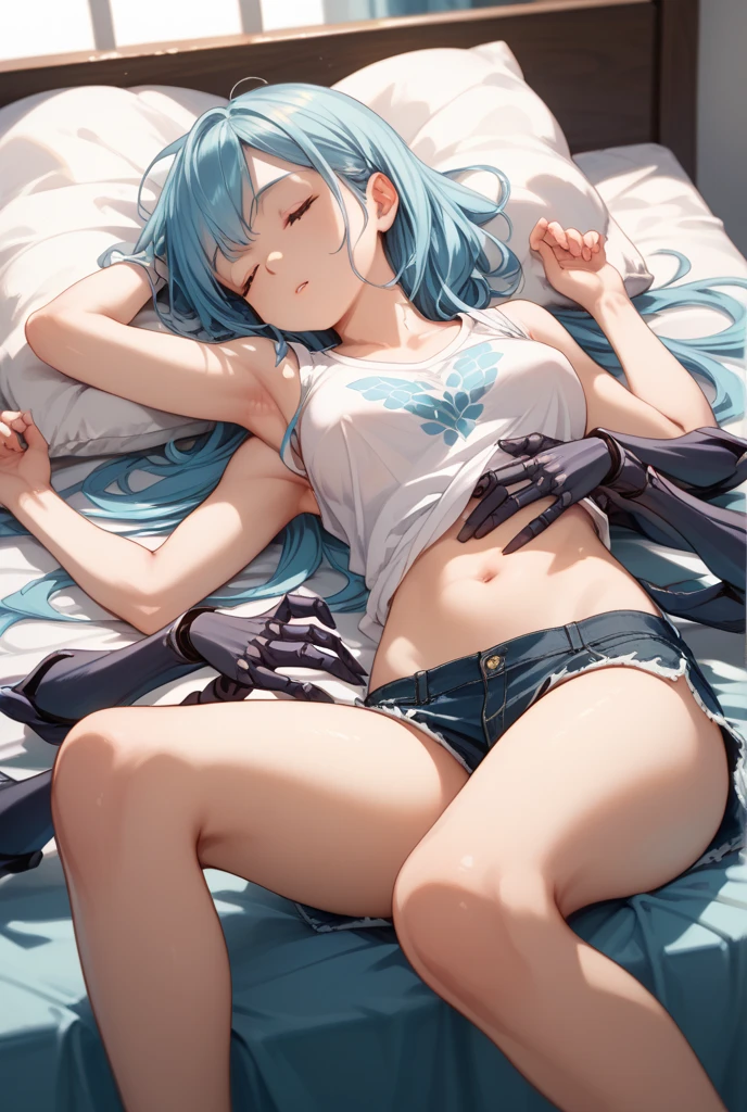 Giantess, long sexy legs, yellow hair, bikini, lying on the ground, city at her feet burns in flames for the destruction she has caused, tiny people climb on her body to try to defeat her uselessly. Giantess, goddess, macrophilia, curvaceous body, hentai, fetish, sexy legs, bikini, high heels, high quality, tiny people, people climbing body, giantess body, small people