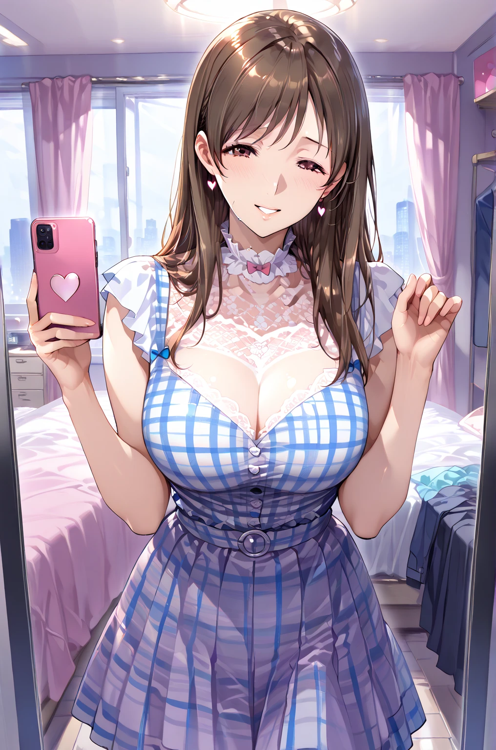 a woman in a white outfit standing on a street corner holding her phone, 1girl, mature female, breasts, cleavage, outdoors, big eyes, solo, smile, brown hair, large breasts, dress, sky, white dress, bag, day, braid, open mouth, bangs, blue sky, blush, building, collarbone