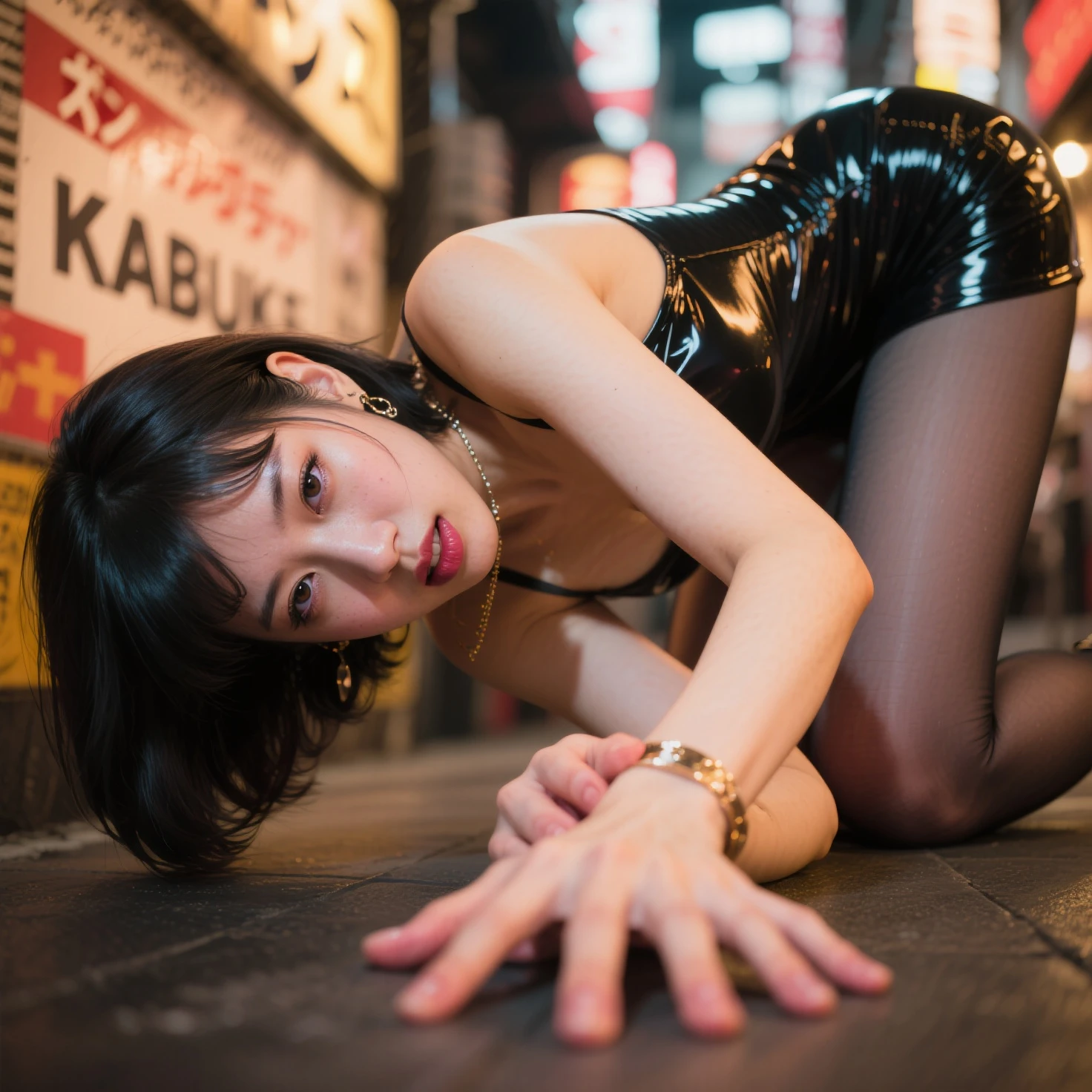 Asian Girl，Straight Dress，Kneel，Prison experience, binding，His hands were tied behind his back，Silver Handcuffs，Gold chain，Golden Collar，Shacklehead，rock，Hands are tied in handcuffs，Tears flow，suffering，contortion，white milk，Whipping，Electric shock，Leather Whip，injection，
