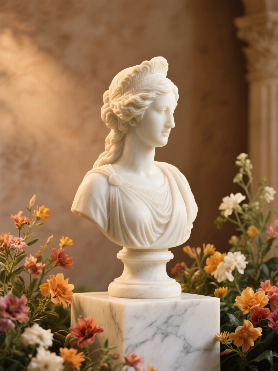 a close up of a bust of a woman with a flowered head, greek godness portrait sculpture, classical marble sculpture, inspired by Antonio Canova, sculpture of persephone, marble bust, neoclassical portrait, classic sculpture, classical statue, by Antonio Canova, goddess of greek mythology, marble statue, carved in white marble, marble sculpture, portrait of artemis